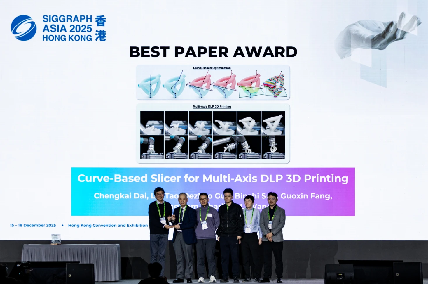 SIGGRAPH Asia 2025 Best Paper Award ceremony in Hong Kong — Curve-Based Slicer for Multi-Axis DLP 3D Printing (Dec 2025)